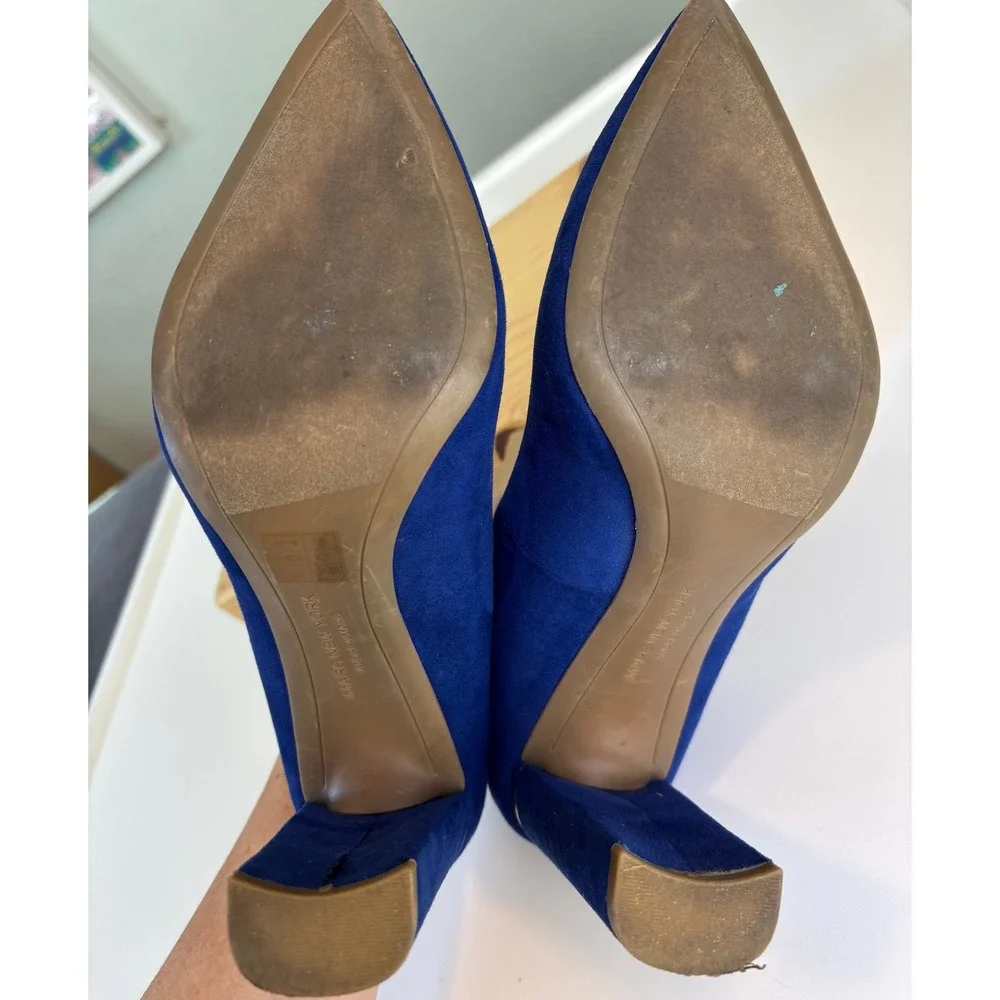 Marc New York Royal Blue Suede Pointed Toe Block Heel Pumps Gold Trim 10M